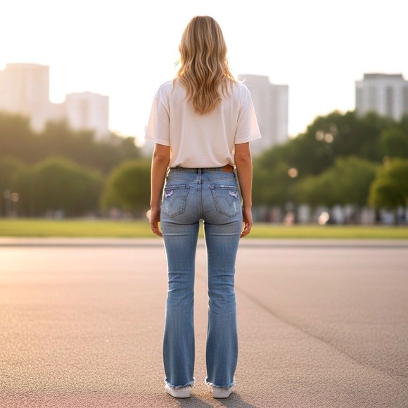 Abercrombie & Fitch Women 2 Flare Jean Cotton Blue Distressed Patch Y2K Boho Vtg - Picture 2 of 8